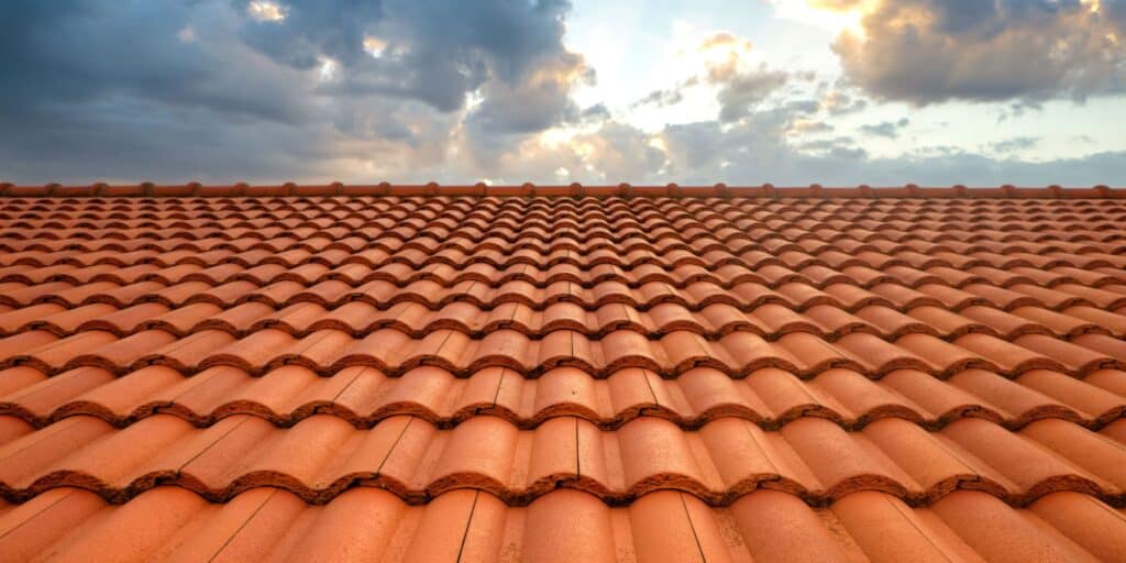 Close-up view of a meticulously installed clay tile roof, showcasing its textured surface and rich, earthy hues.